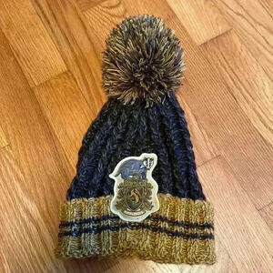 Harry Potter Hufflepuff Knit Beanie With PomPom in Size Youth.  Gray and Yellow.